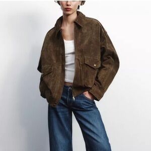 ZARA SUEDE BOMBER JACKET WITH POCKETS